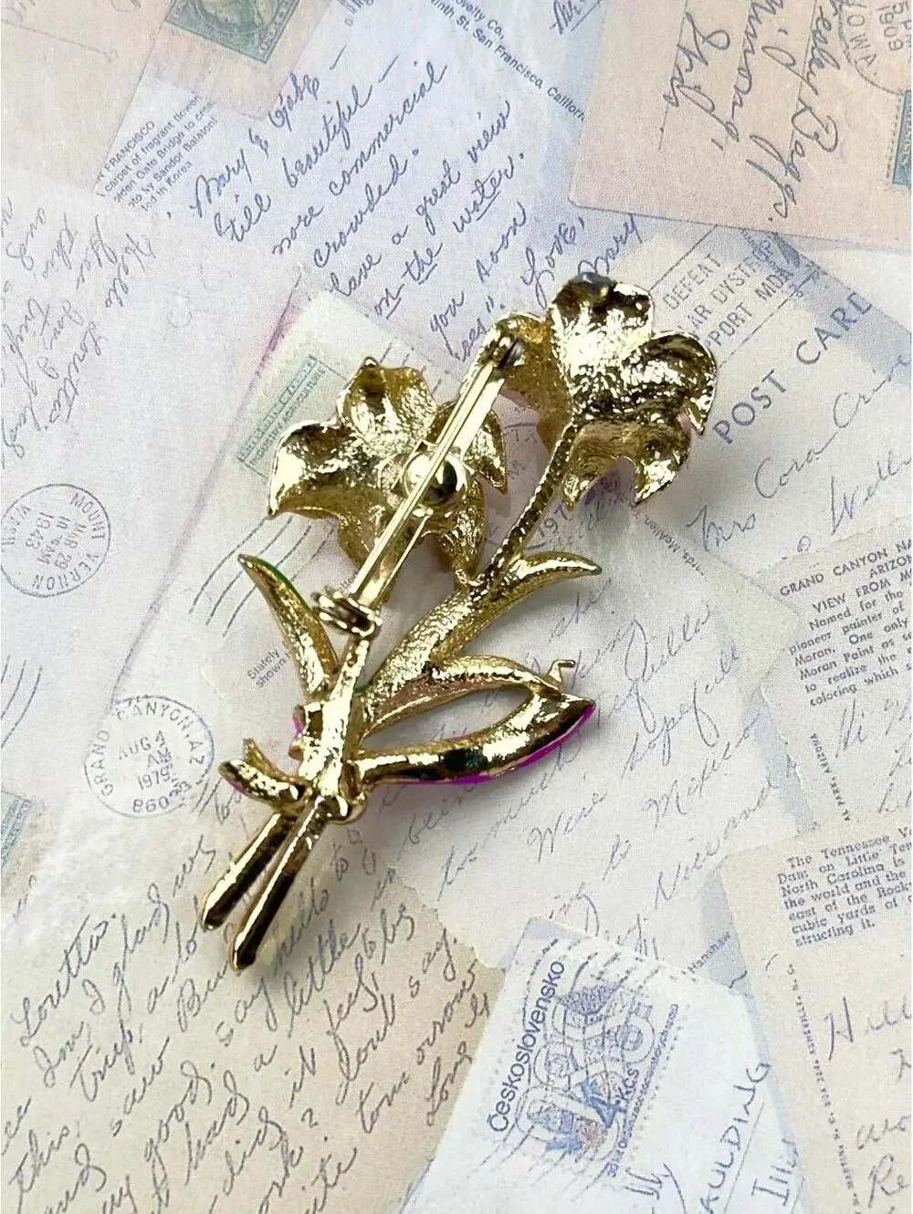 Vintage Enamel Floral Bouquet Brooch Pink Lily Flowers Gold Tone Pin